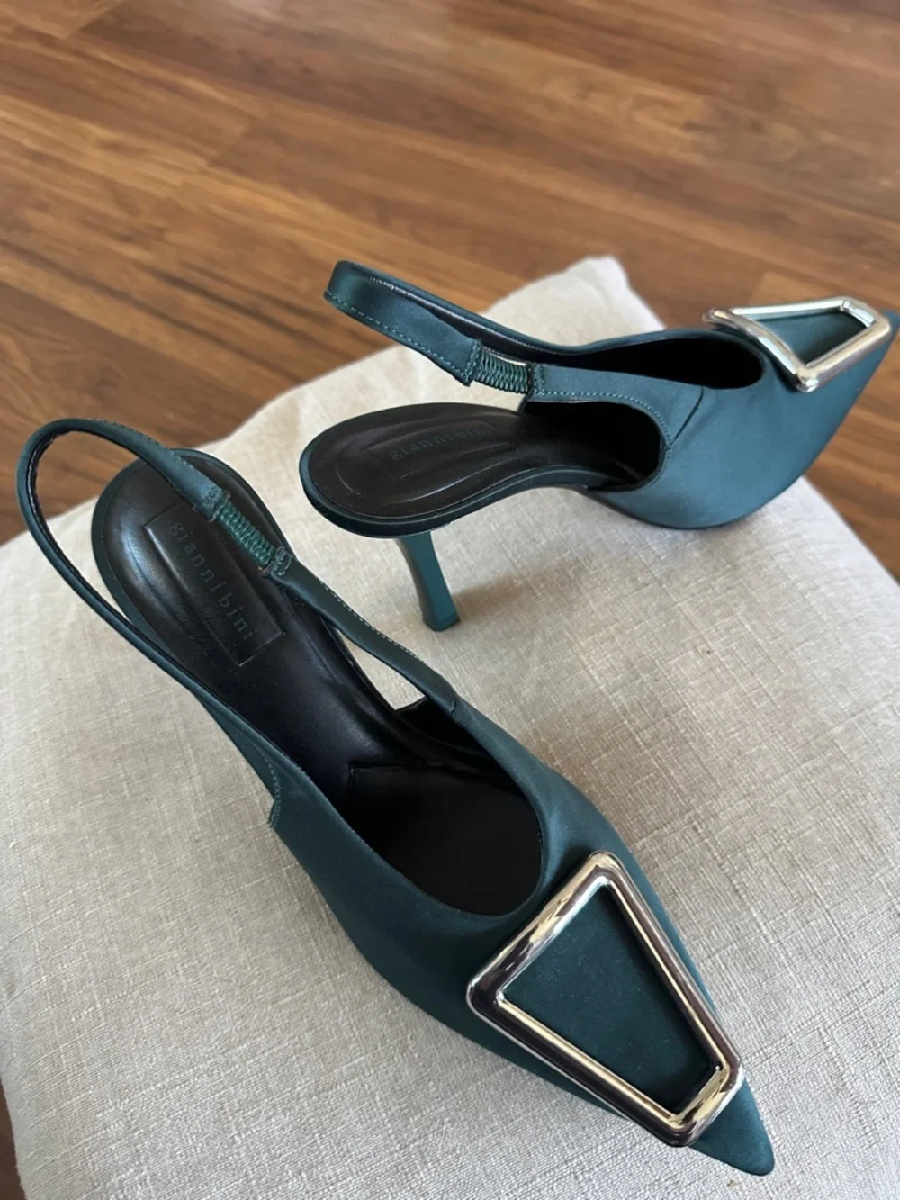 Satin Teal Slingback Pointed Toe Heels with Silver Buckle - Picture 3 of 6